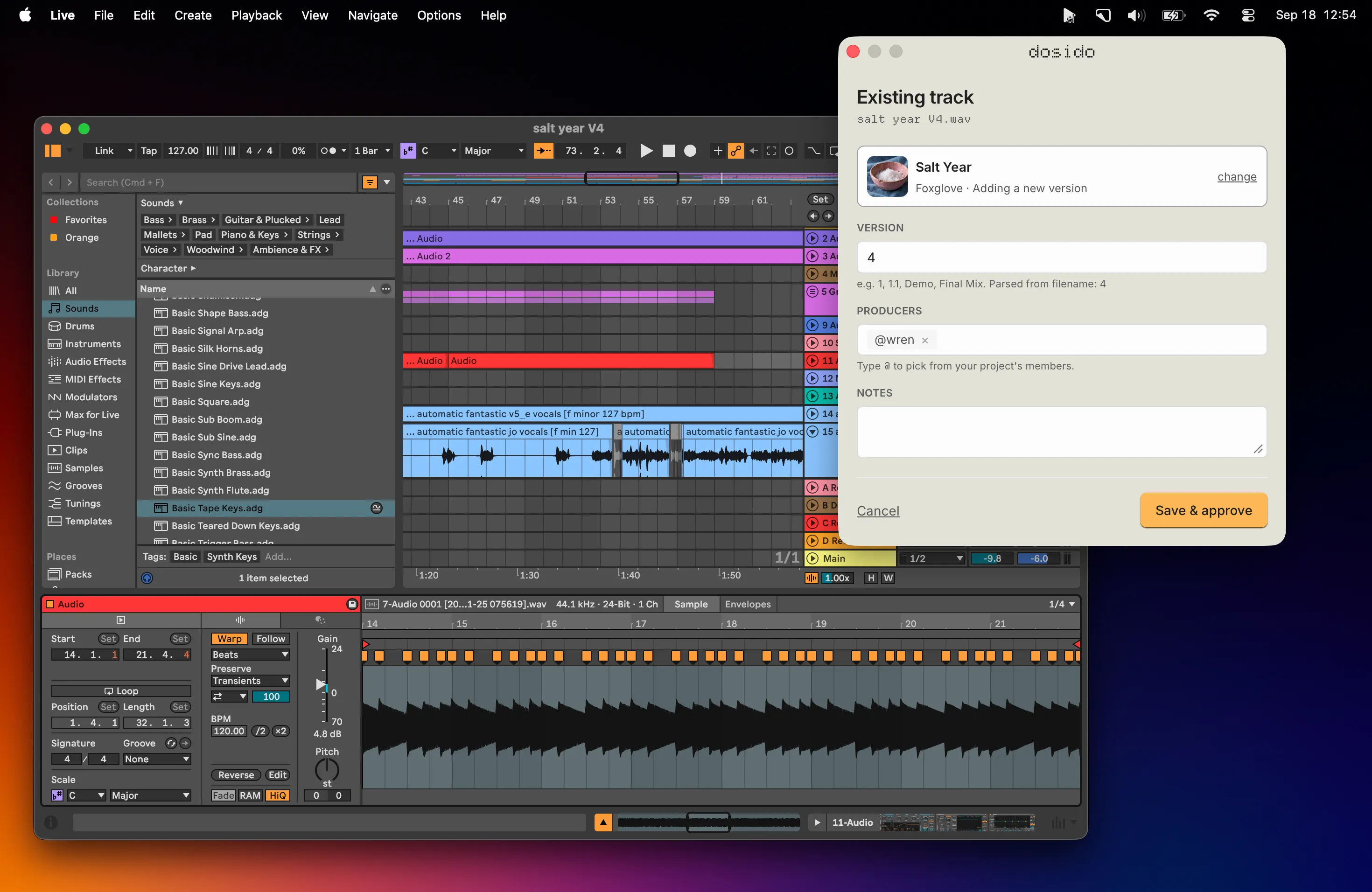 Ableton Live with the Dosido panel open over it, filing salt year V4.wav as version 4 of Salt Year in the Foxglove project.