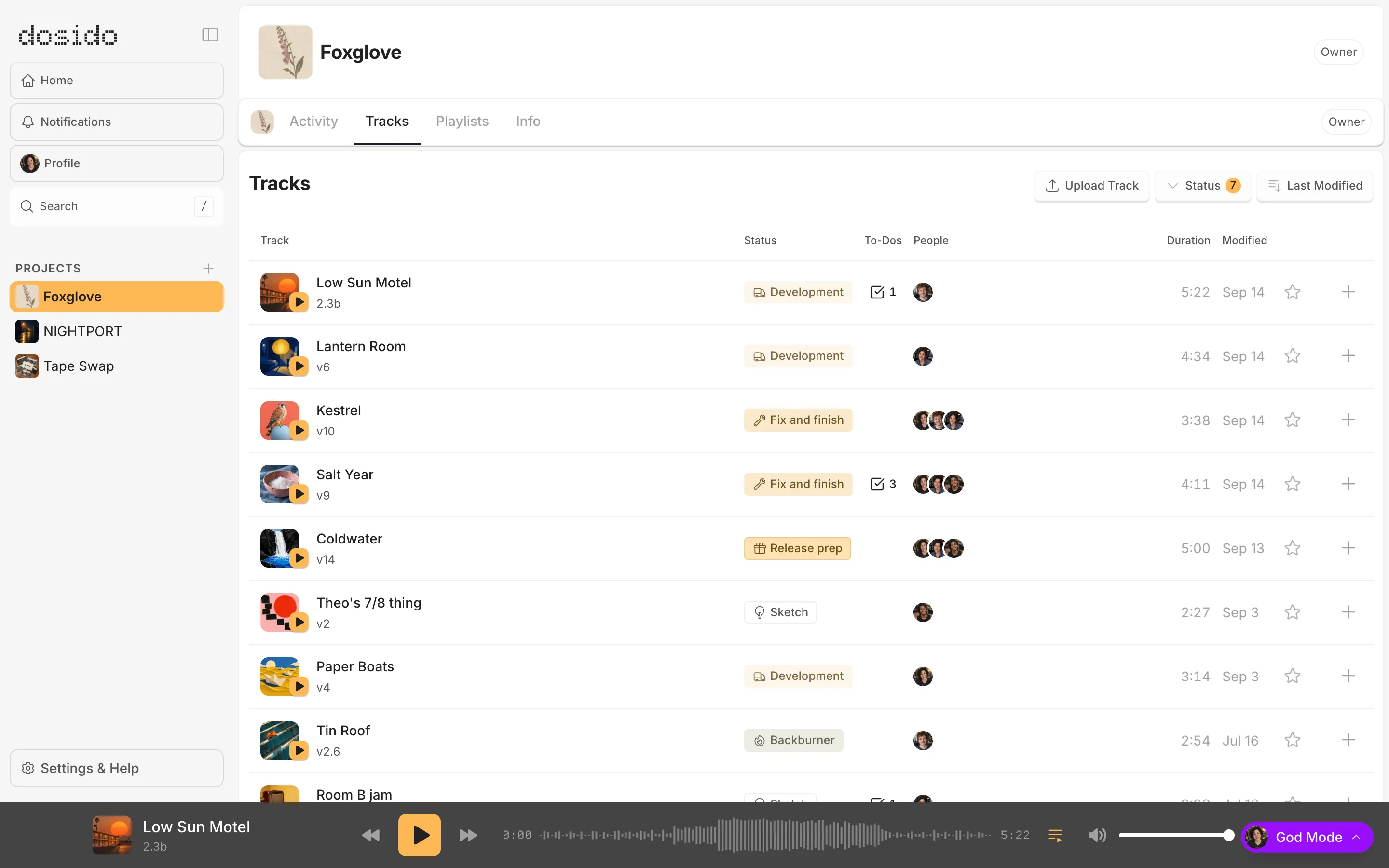The Foxglove project's tracks in Dosido on the web: each track with its status, open to-dos, collaborators and when it last changed.